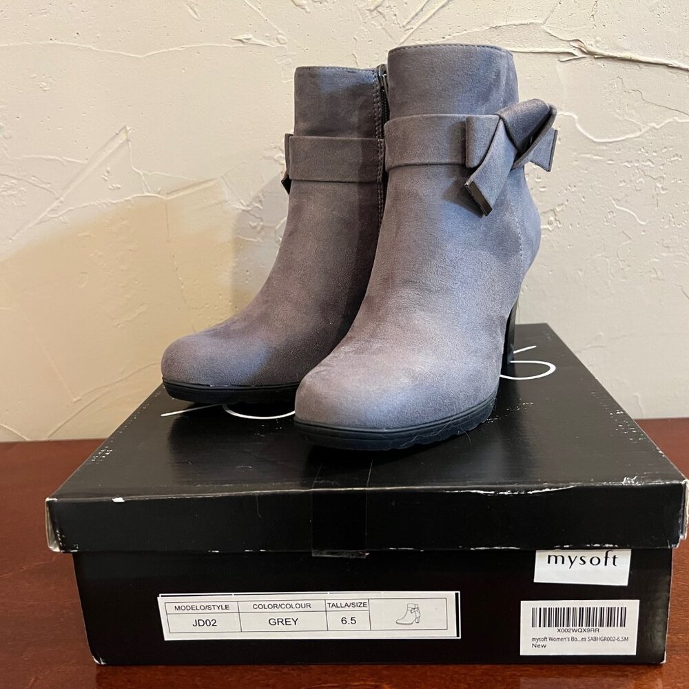 Mysoft Women's Gray Suede Ankle Boots - Bow Detail Block Heel - Size 6.5